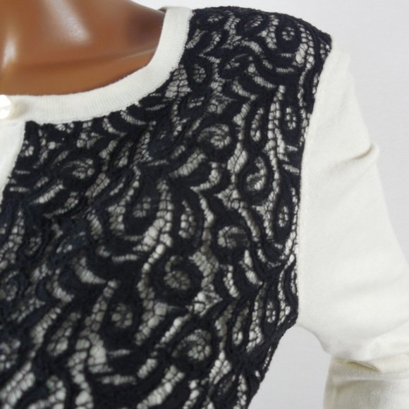 ANN TAYLOR Top M Knit Cardigan Button Down Front Ivory Black Embroidery Lace - Picture 4 of 12